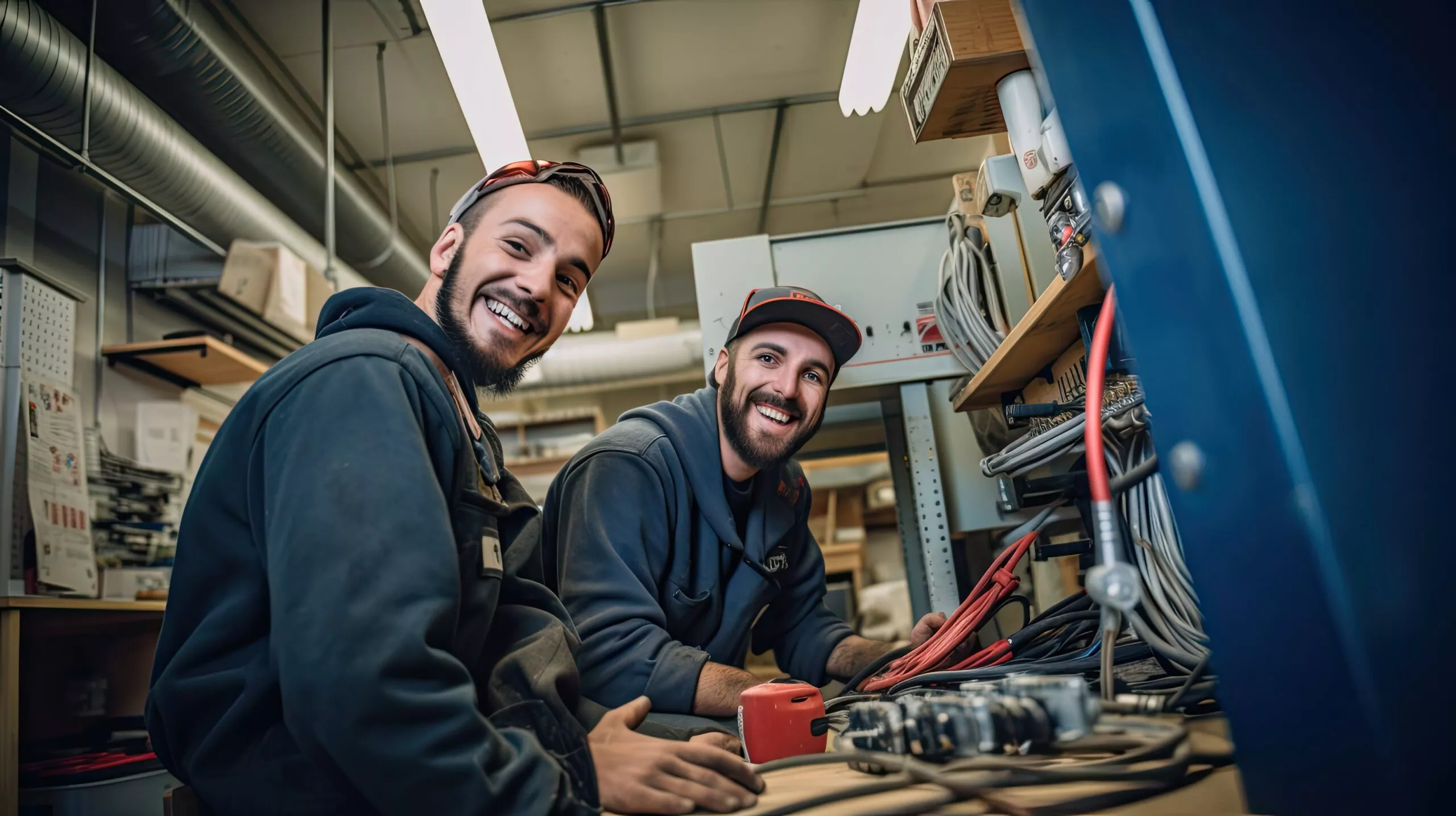 Two young electrician students smile while doing work practices, vocational training concept.